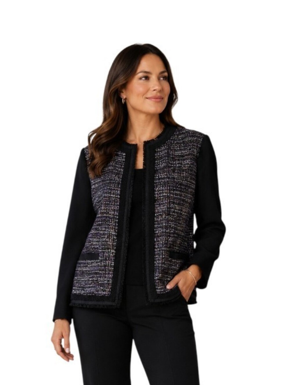 Chico’s Bouclé Tweed Jacket Black Purple Metallic Fringe Blazer Large (Chicos 2)